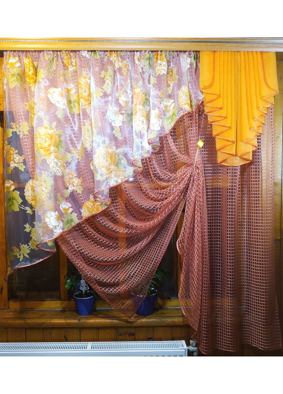 Готова завіса Амалія теракотовий півонія жовтий ліва No Brand (372515659)