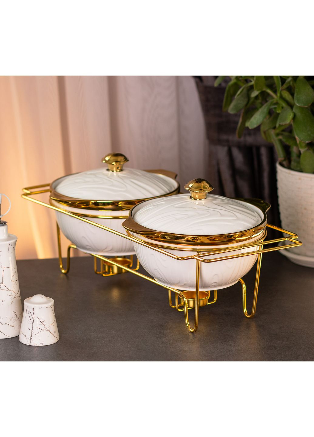 Мармит первых блюд на 2 кастрюли по 1 литру для супов керамические с металлической подставкой с подогревом GDK Yiwu (365728935)