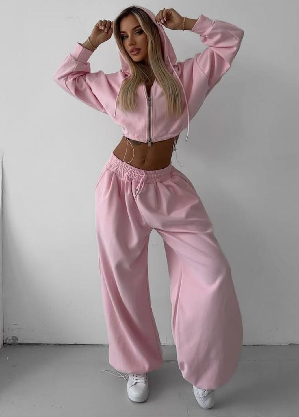 Базовый повседневный оверсайз костюм двойка: укороченный тощие на молнии + штаны Tik-Tak (360899242)