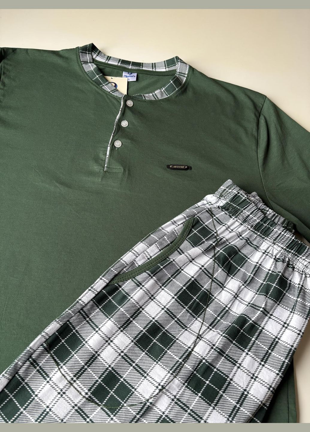 Мужская хлопковая пижама "Cameron" лонгслив и брюки в клетку зеленая Pijamoni (352769872)