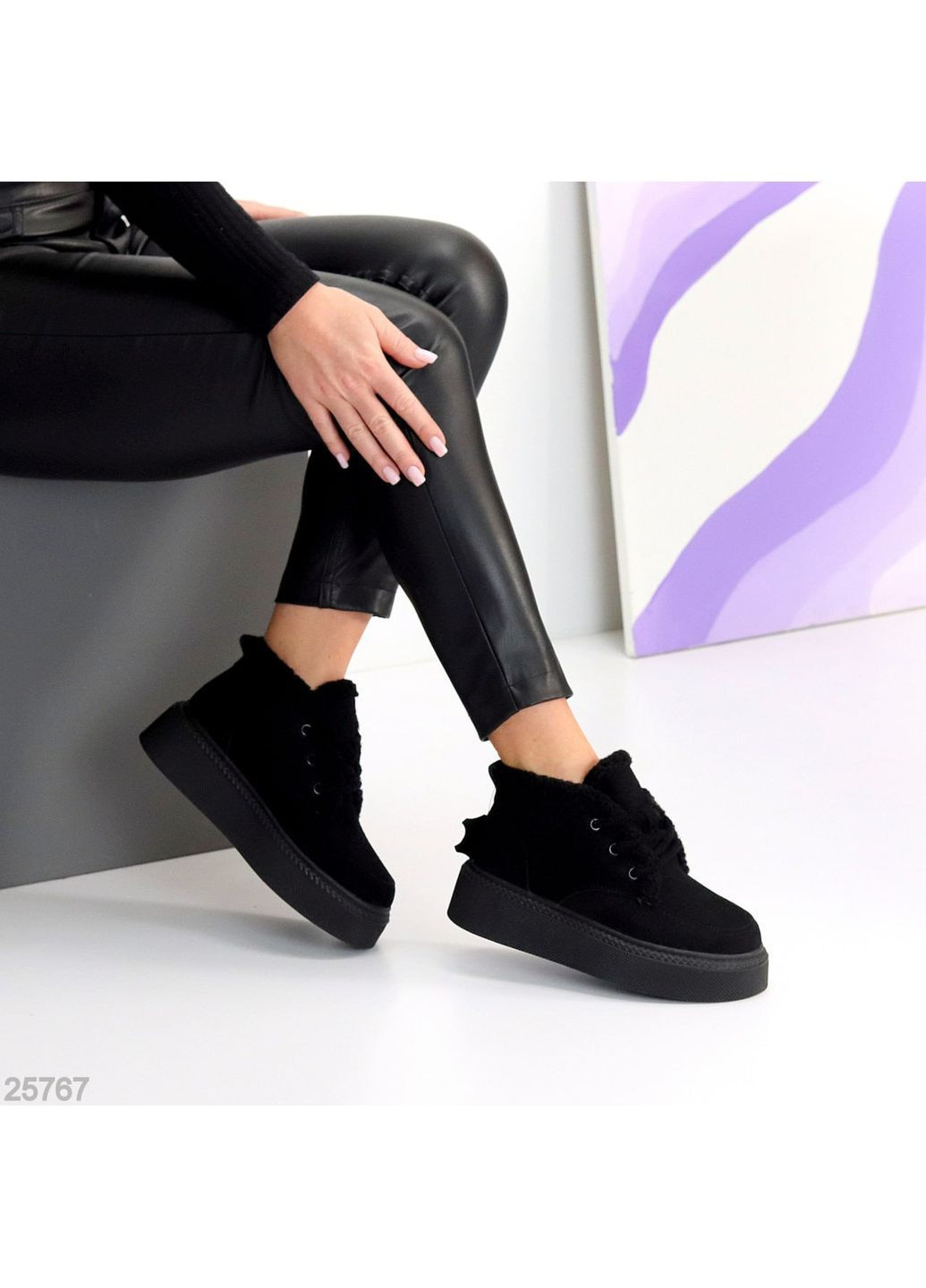 Жіночі зимові черевики Maline, чорні, натуральна замша, на платформі з екохутром No Brand (366079967)