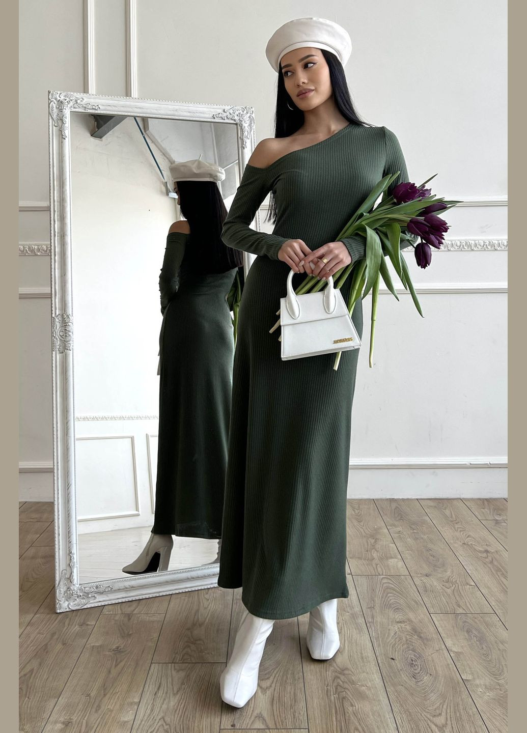 Оливкова (хакі) повсякденний, кежуал, вечірня стильна сукня міді Jadone Fashion однотонна