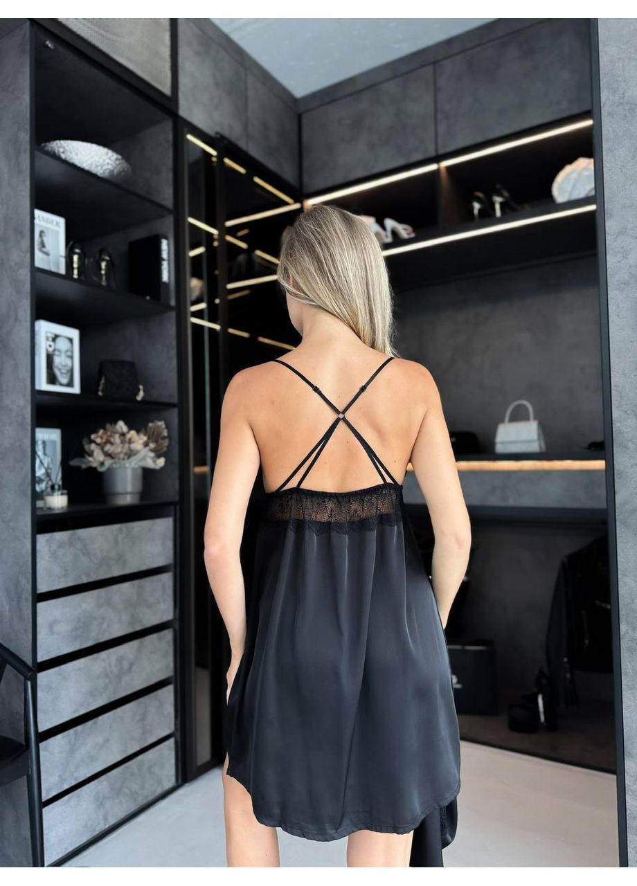 Пеньюар и женский халат сатиновый с кружевом, ночной комплект на бретелях. Комплект пеньюар и халат черный атласный. No Brand (366571697)