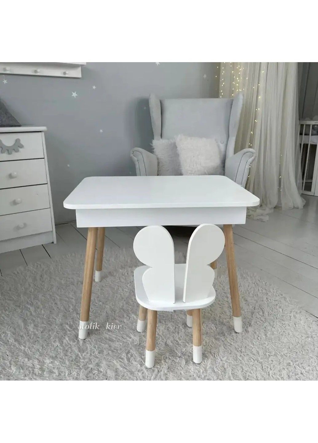 Дитячий столик з ящиком для олівців + стільчик Метелик (Білий) No Brand (331639417)