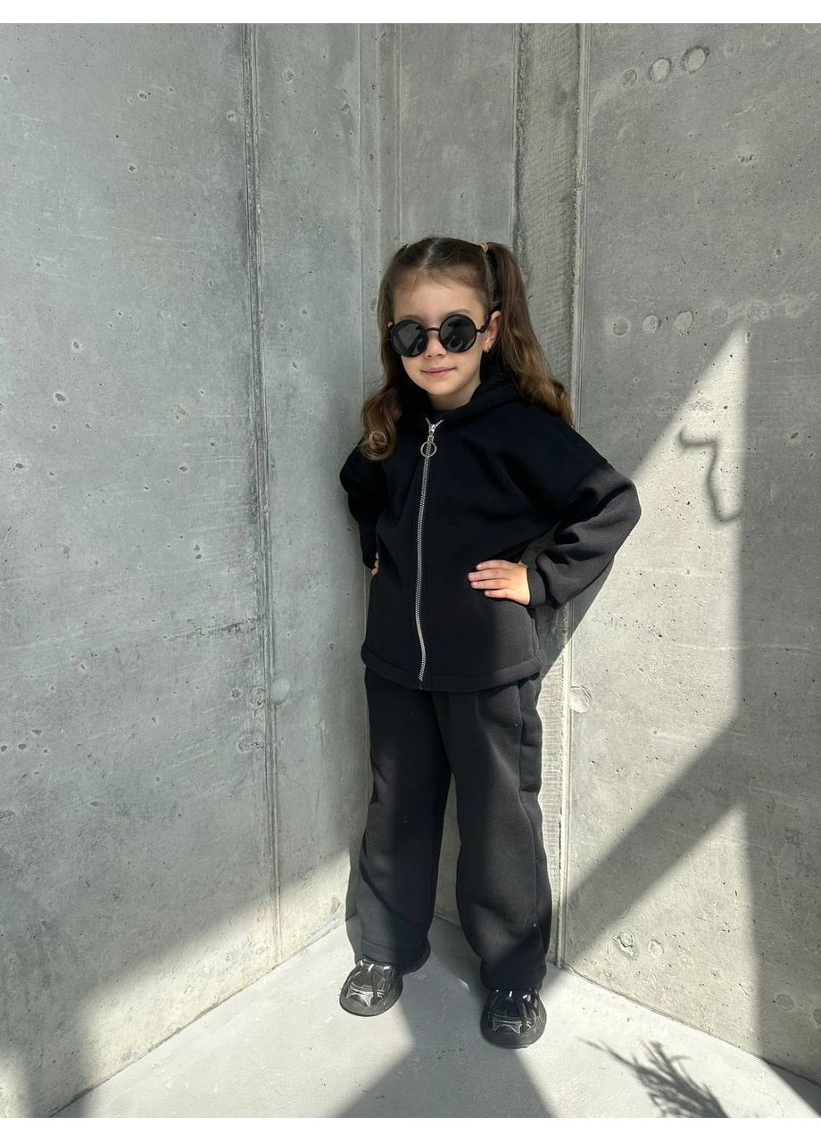 Чорний демісезонний костюм трендовий теплий штани палаццо та кофта на блискавці з капюшоном,трьохнитка на флісі Україна