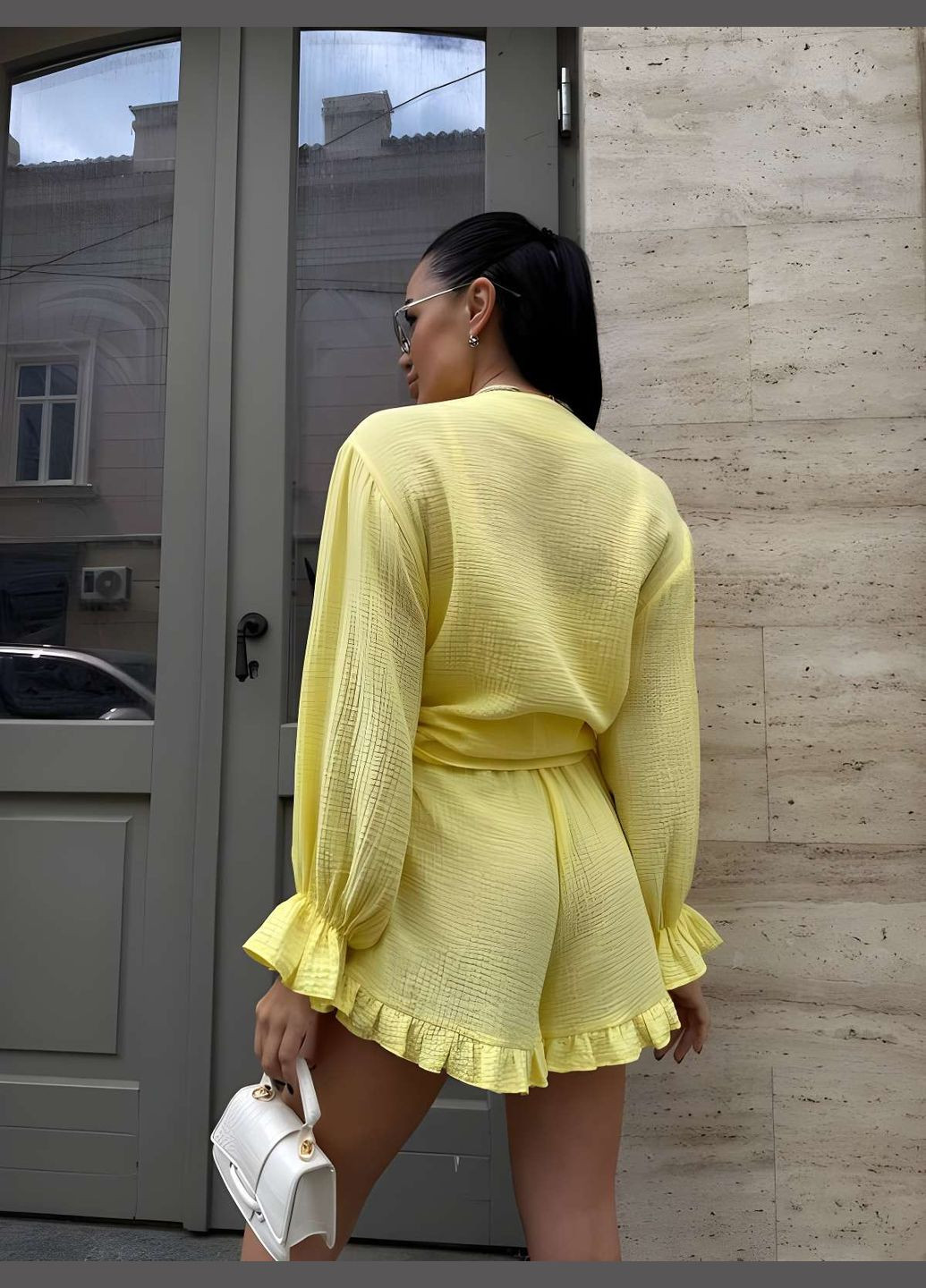 Женский летний костюм муслиновый костюм рубашка и шортики темно-бежевый No Brand (333143175)