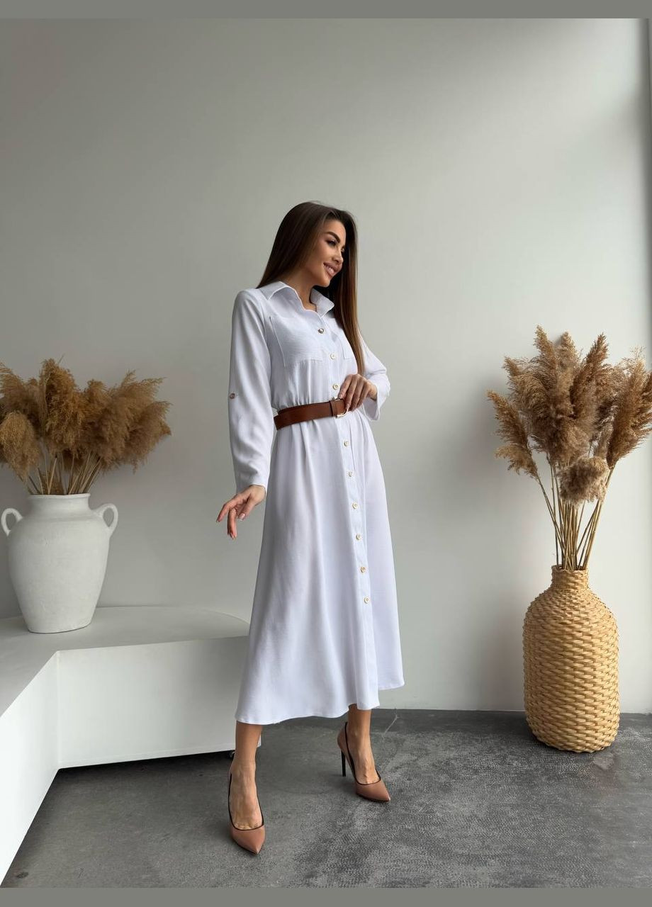 Белое повседневное платье-миди белого цвета с поясом в комплекте и длинным рукавом, идеально подходит для образов на каждый день No Brand однотонное