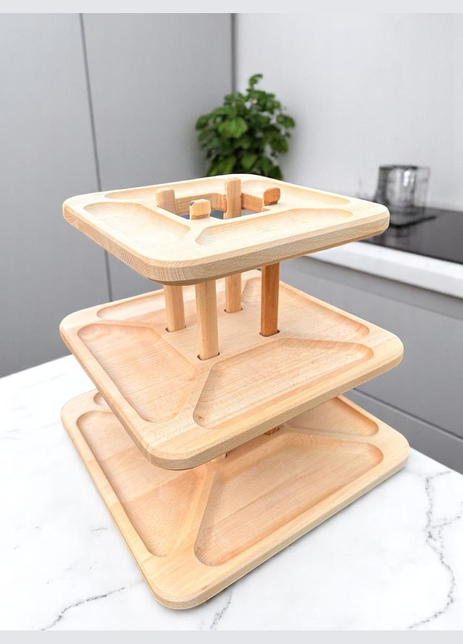 Деревянный универсальный трехъярусный столик из Бука 32x32x3 шт. Трех Ярусная монашественница Разборная №1 No Brand (332210346)