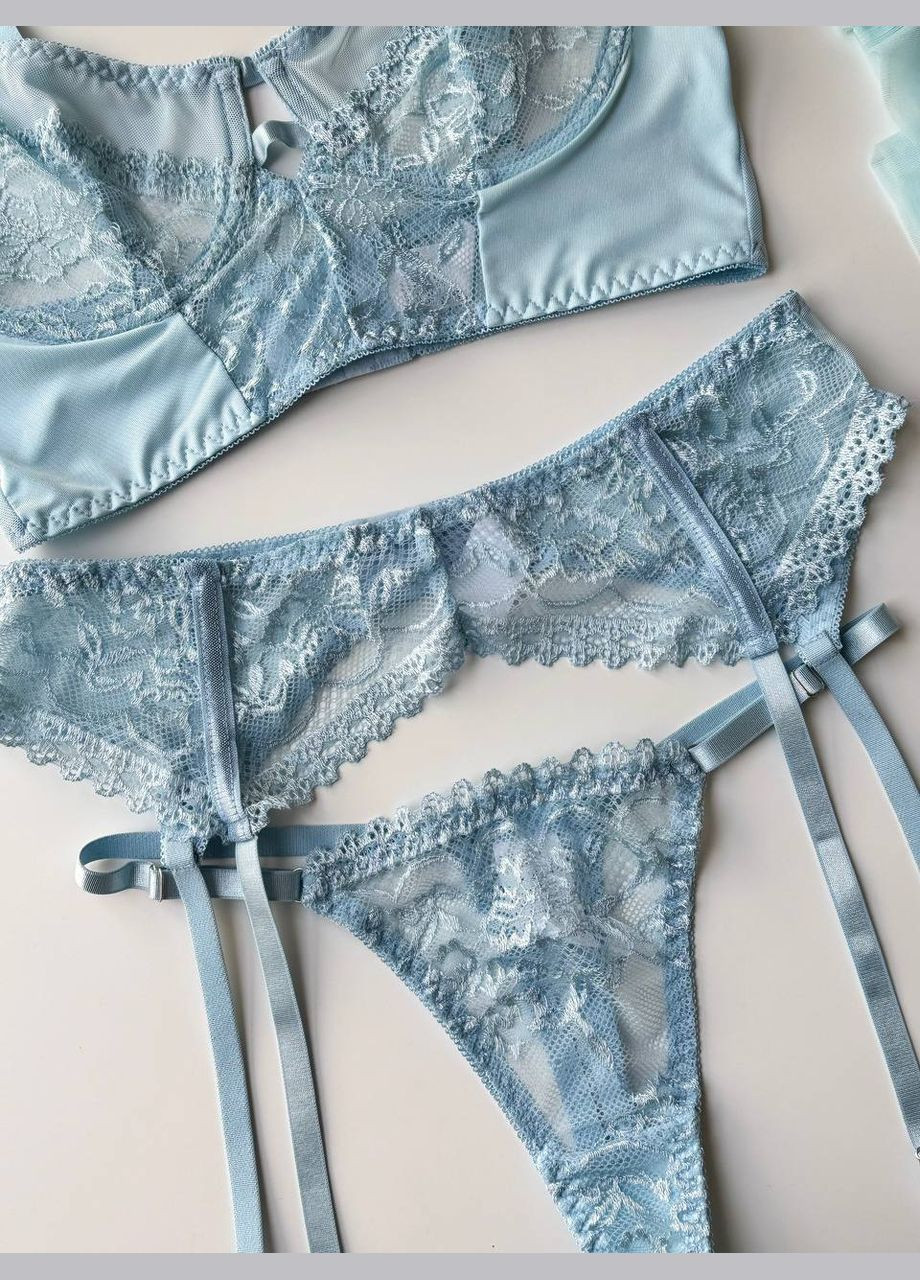 Блакитний комплект жіночої білизни з поясом гартерами і панчохами Simply sexy