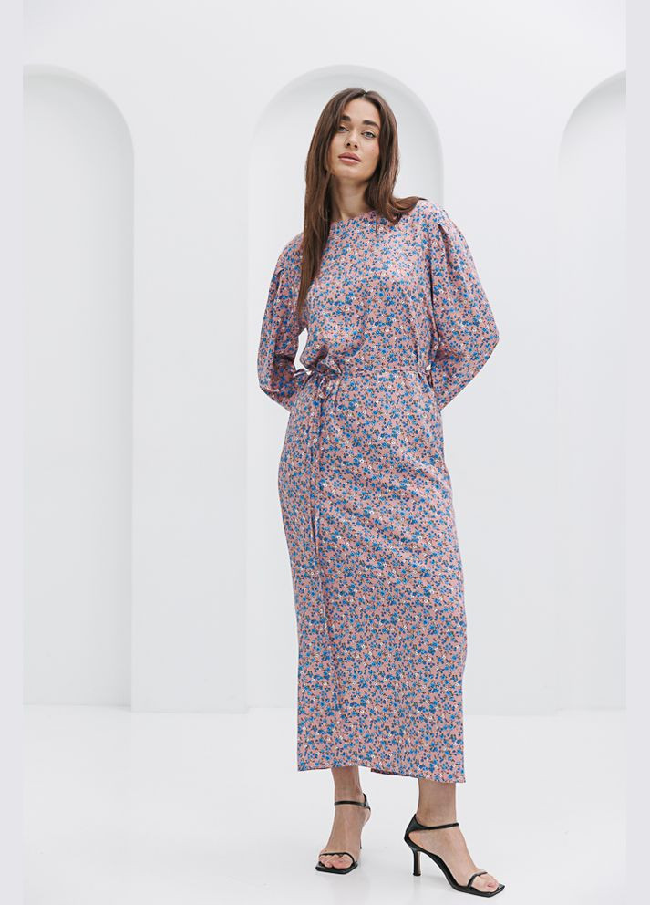 Розовое длинное прямое платье с цветочным принтом коричневое Arjen