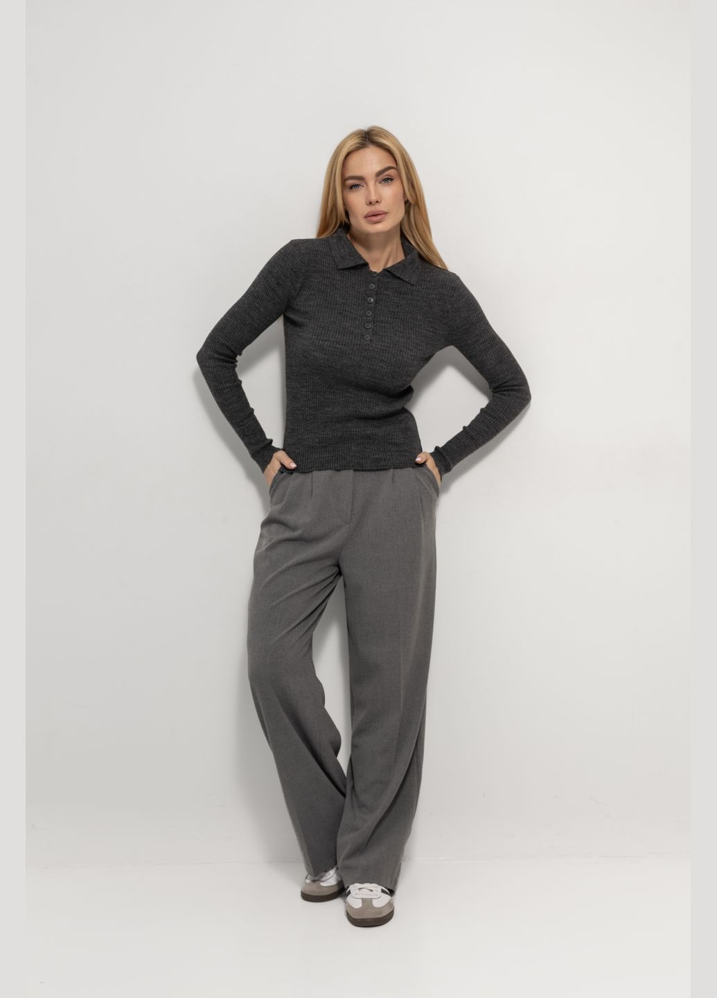 Базовый лонгслив поло в рубчик No Brand (314997474)