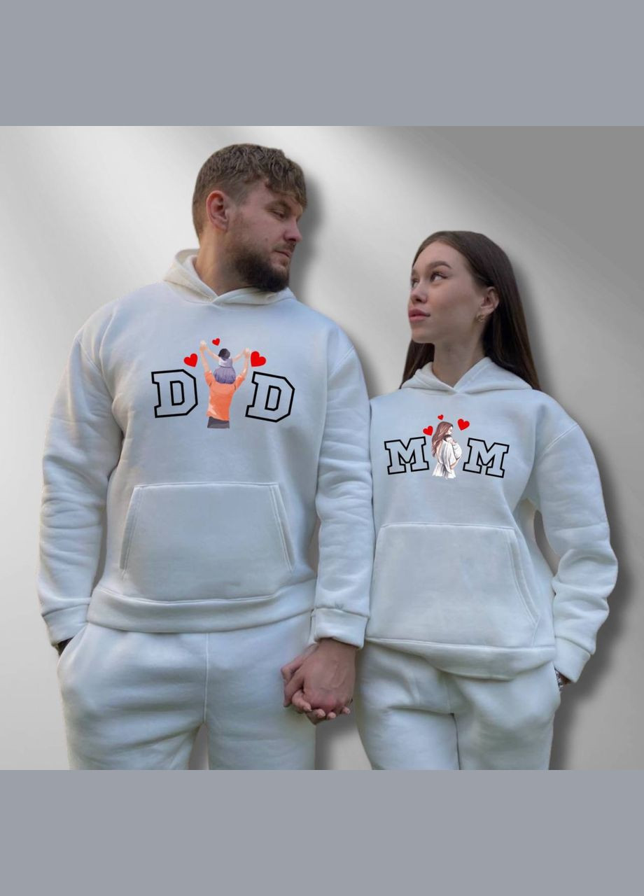 Парні худі теплі з капюшоном, в білому кольорі, принт "Dad\Mom" (621) Hand Made (358896594)