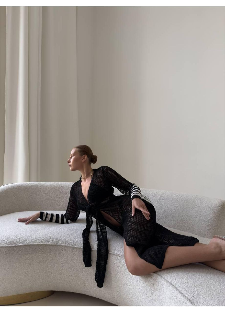 Жіноча чорна в’язана пляжна туніка з розкльошеними рукавами / Жіноча ажурна чорна туніка крючком довга / Жіноча чорна туніка No Brand (369369783)