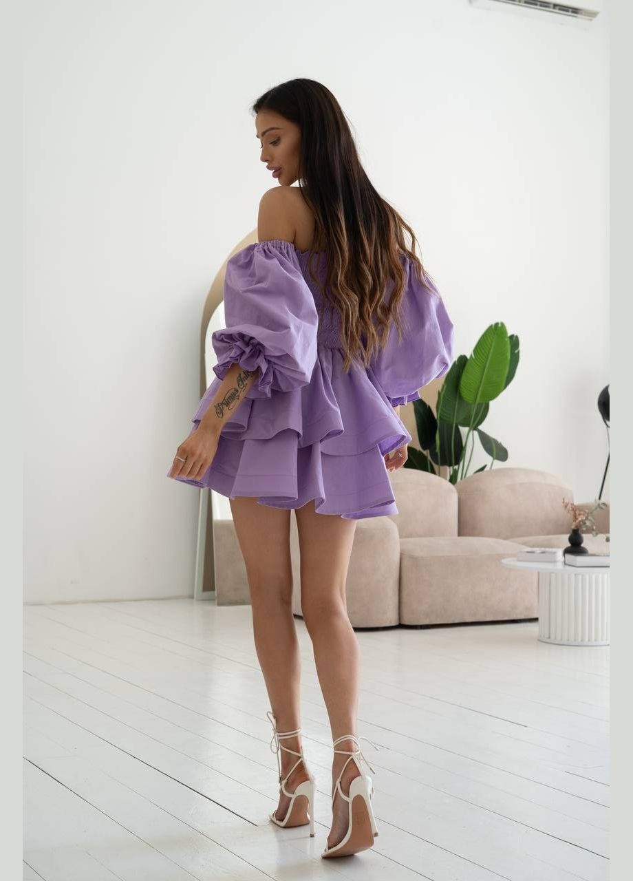 Лавандова коктейльна сукня міні з відкритими плечима та спідницею з воланами з відкритими плечима MonCher