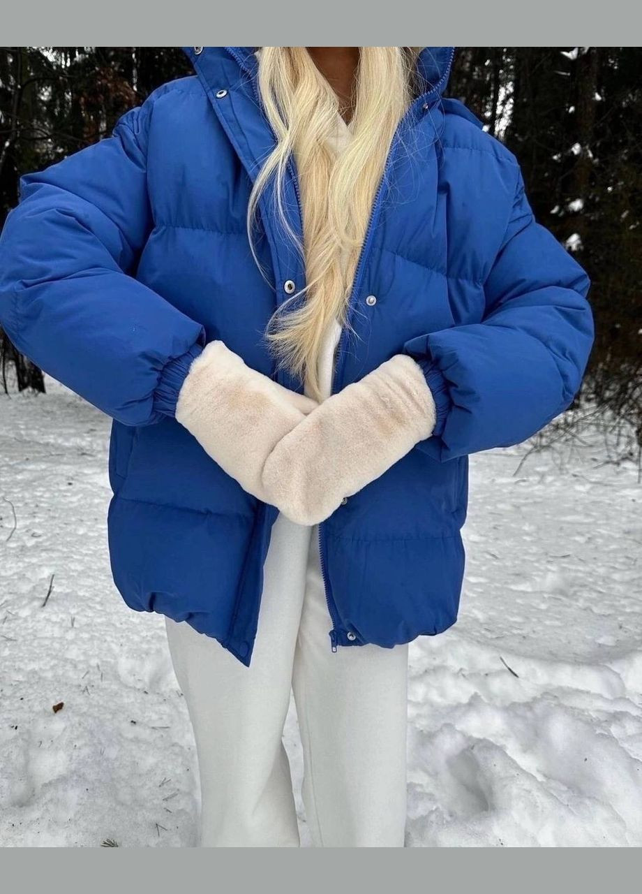 Синя зимня куртка кольору електрик з подвійним капюшоном, наповнювач синтепон 250, застібка блискавка та кнопки, дуже тепла No Brand 007-4