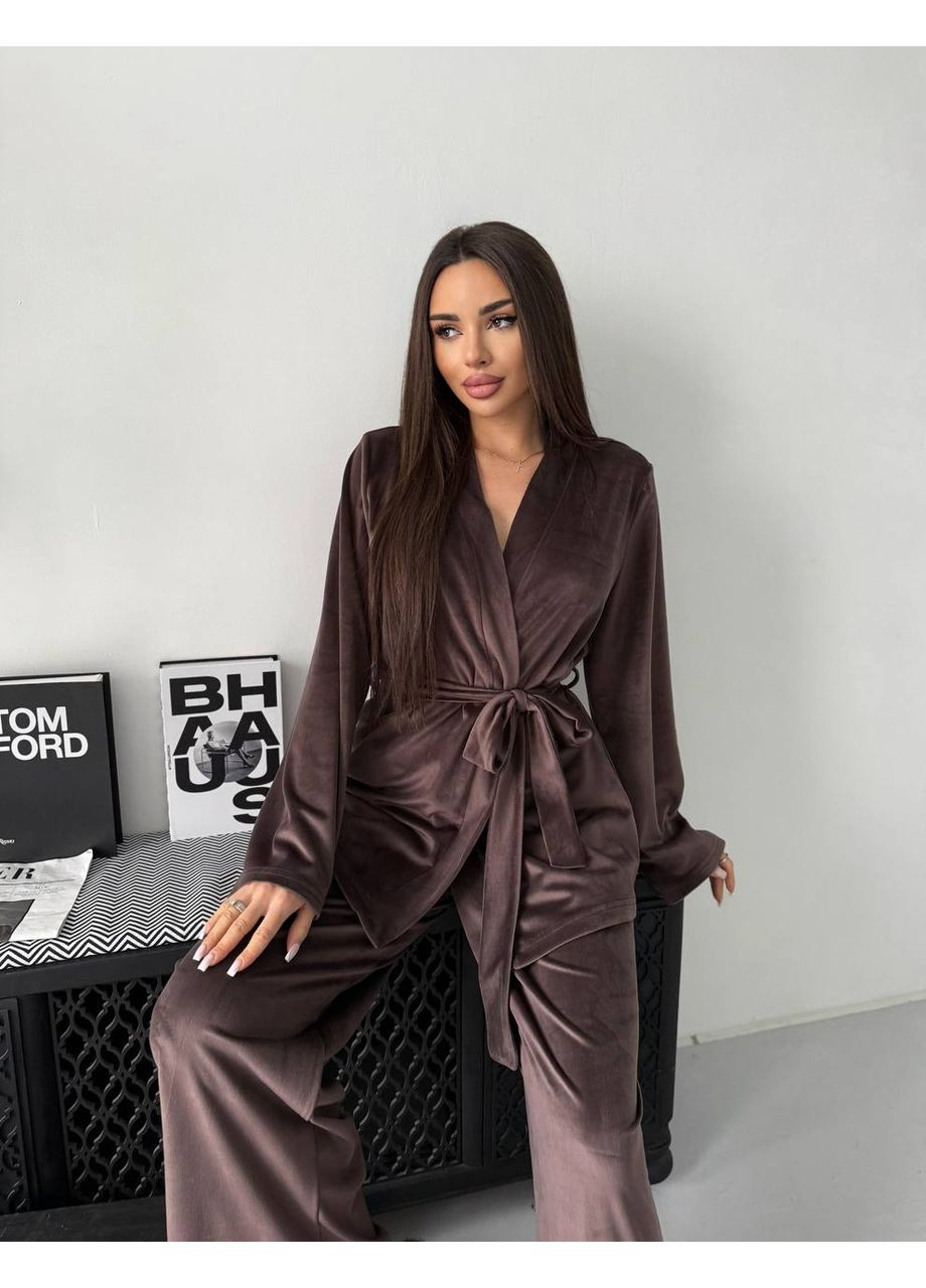 Коричневая всесезон домашний костюм «брюки палаццо + кимоно» из велюра — замеры в описании рубашка + брюки DK/DL Мода без кордонів