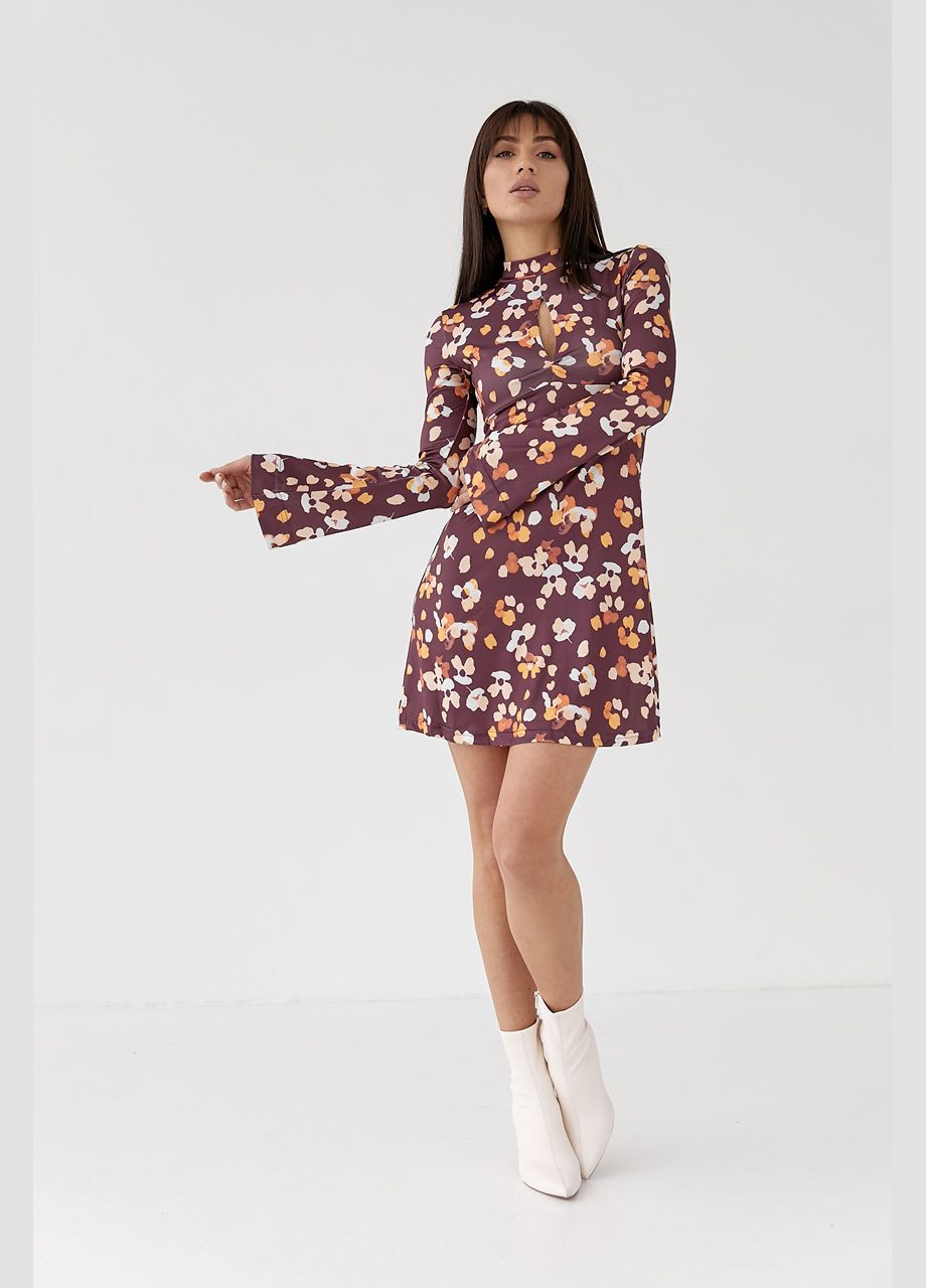 Коричневое повседневный платье мини расширенного силуэта с цветочным принтом 2301 Lurex с цветочным принтом