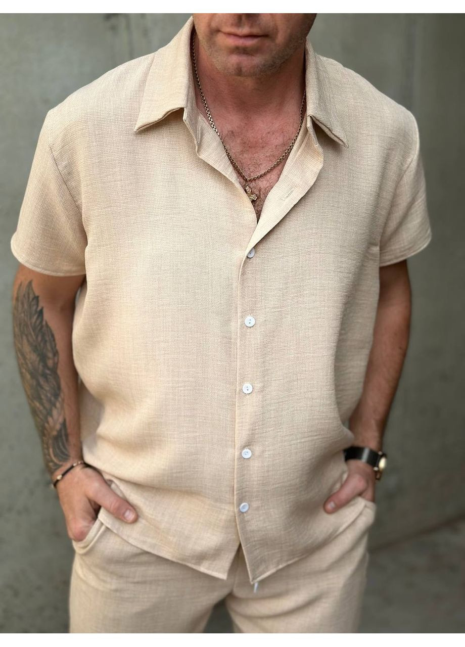 Бежевый демисезонный "linen breeze" – мужской летний костюм из льна меланж с рубашкой DK/DL Мода без кордонів