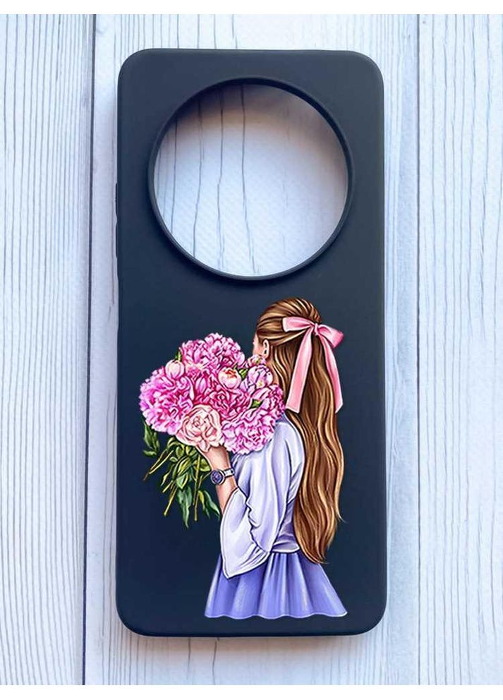 Матовий чорний чохол на Xiaomi Redmi 14C/Poco C75 Дівчина з півоніями (принт 11) Creative (355387656)