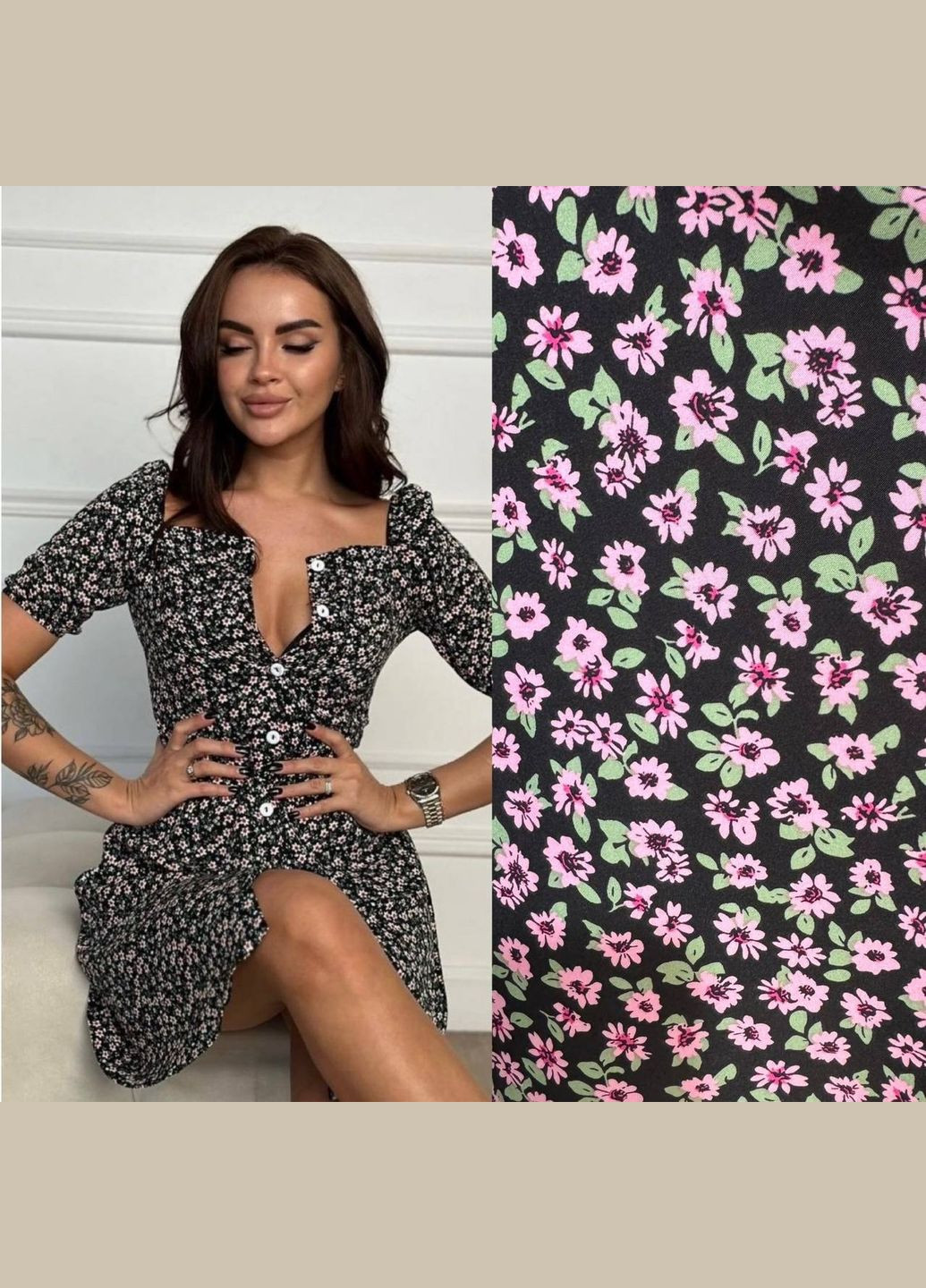Чорна повсякденний, святковий жіноча сукня міні на гудзиках а-силует Style Point з квітковим принтом