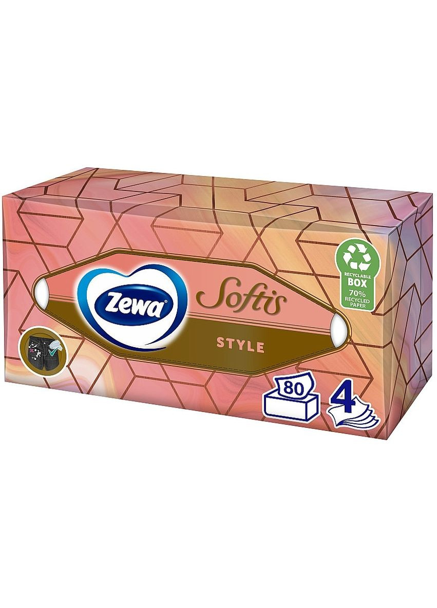 Серветки косметичні чотиришарові, малиново-помаранчеве паковання, 80 шт. Softis Box 80шт (1165050-27060419) Zewa (368659176)