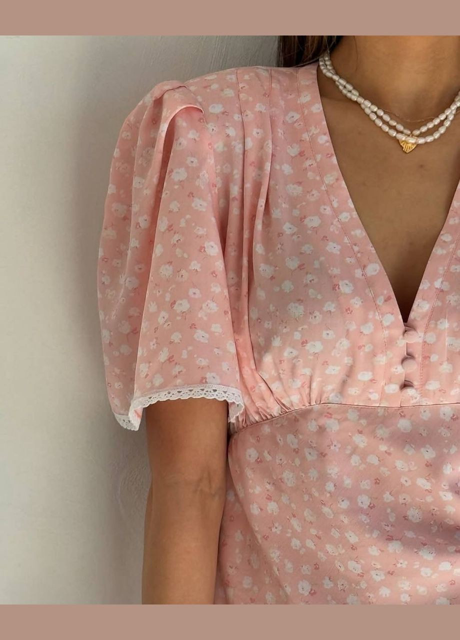 Персикова кежуал міні сукня декорована мереживом дзвін Adelante з квітковим принтом