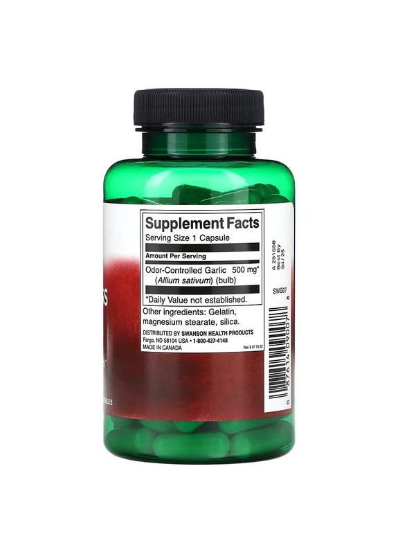 Екстракт часнику Odorless Garlic 500 мг 100 капсул Swanson (304030378)