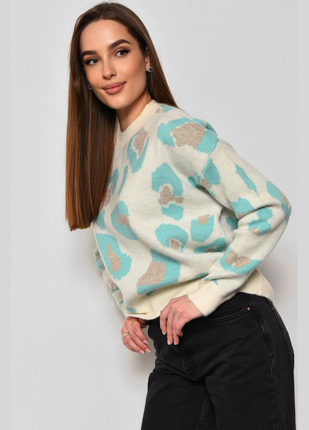 Молочний зимовий светр жіночий з принтом молочного кольору пуловер Let's Shop