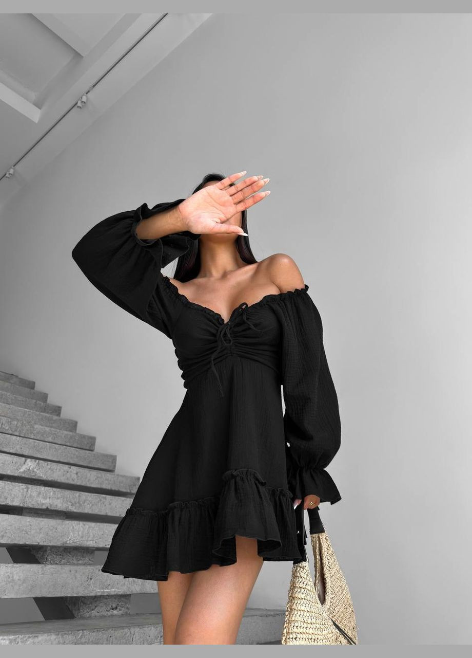 Черное кэжуал мини платье из муслина с пышной юбкой Adelante однотонное