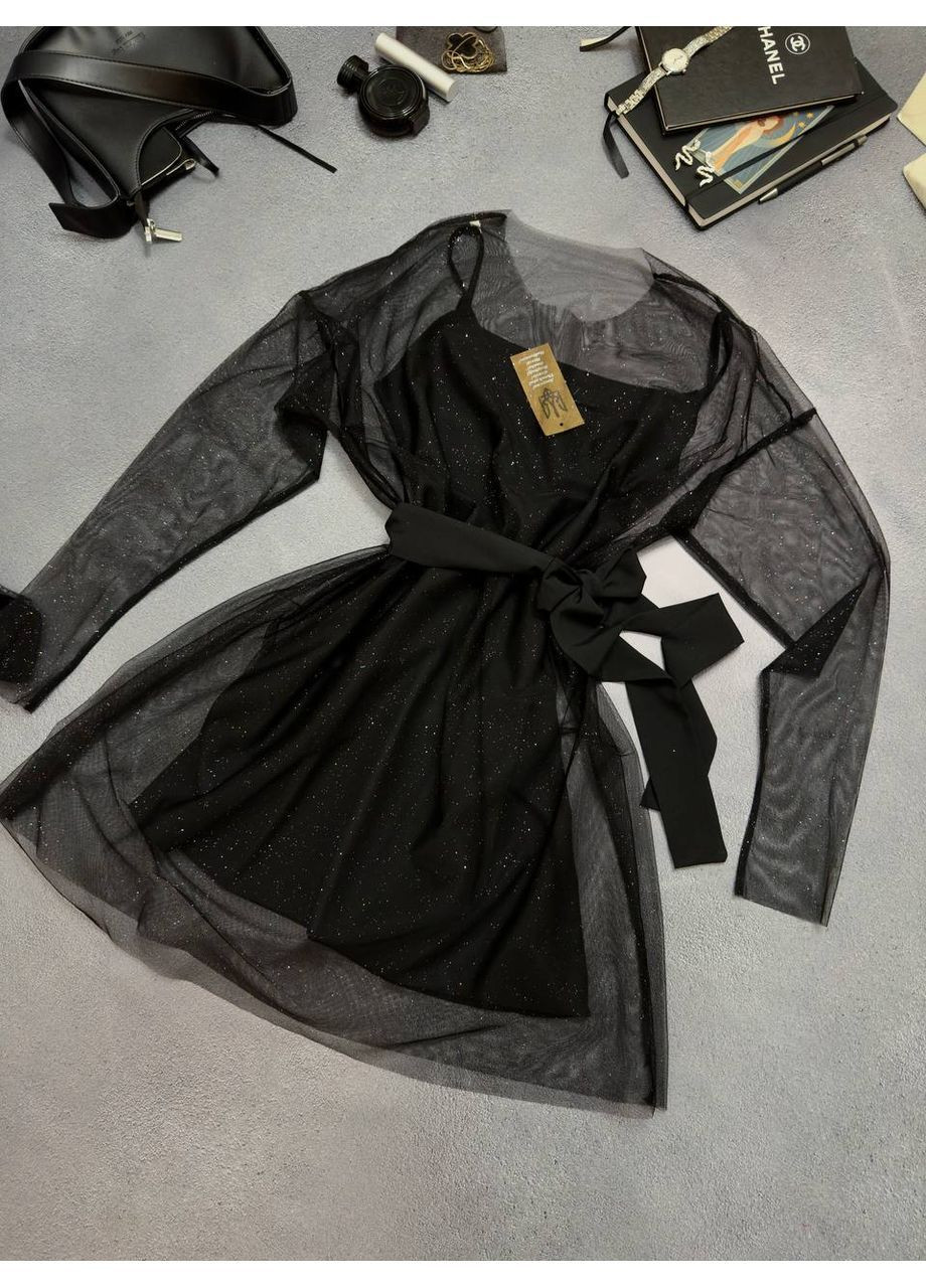 Чорна святковий, коктейльна, вечірня жіноча сукня з прозорою сіткою а-силует Avanti однотонна