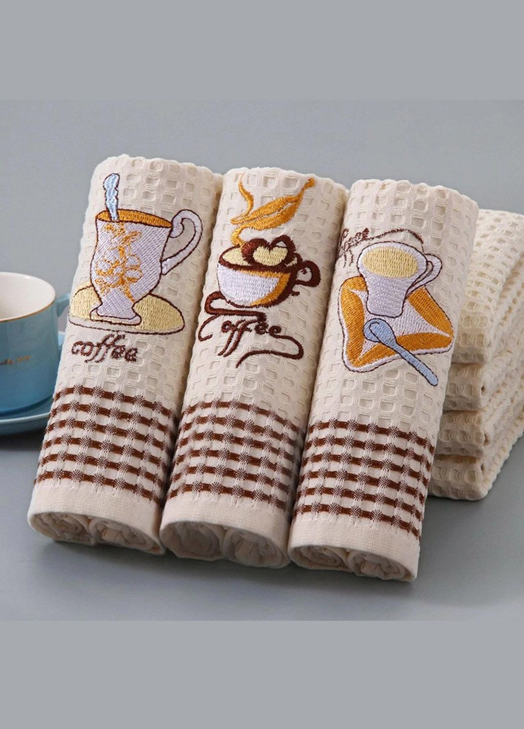Набор вафельных кухонных полотенец Кофе, 50х25 см., 3 шт. Homedec рисунок бежевый