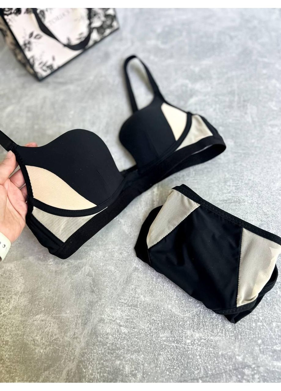 Комбинированный демисезонный комплект женского нижнего белья черный с сеткой / элегантный комплект женского нижнего белья с чашкой и прозрачными вставками No Brand