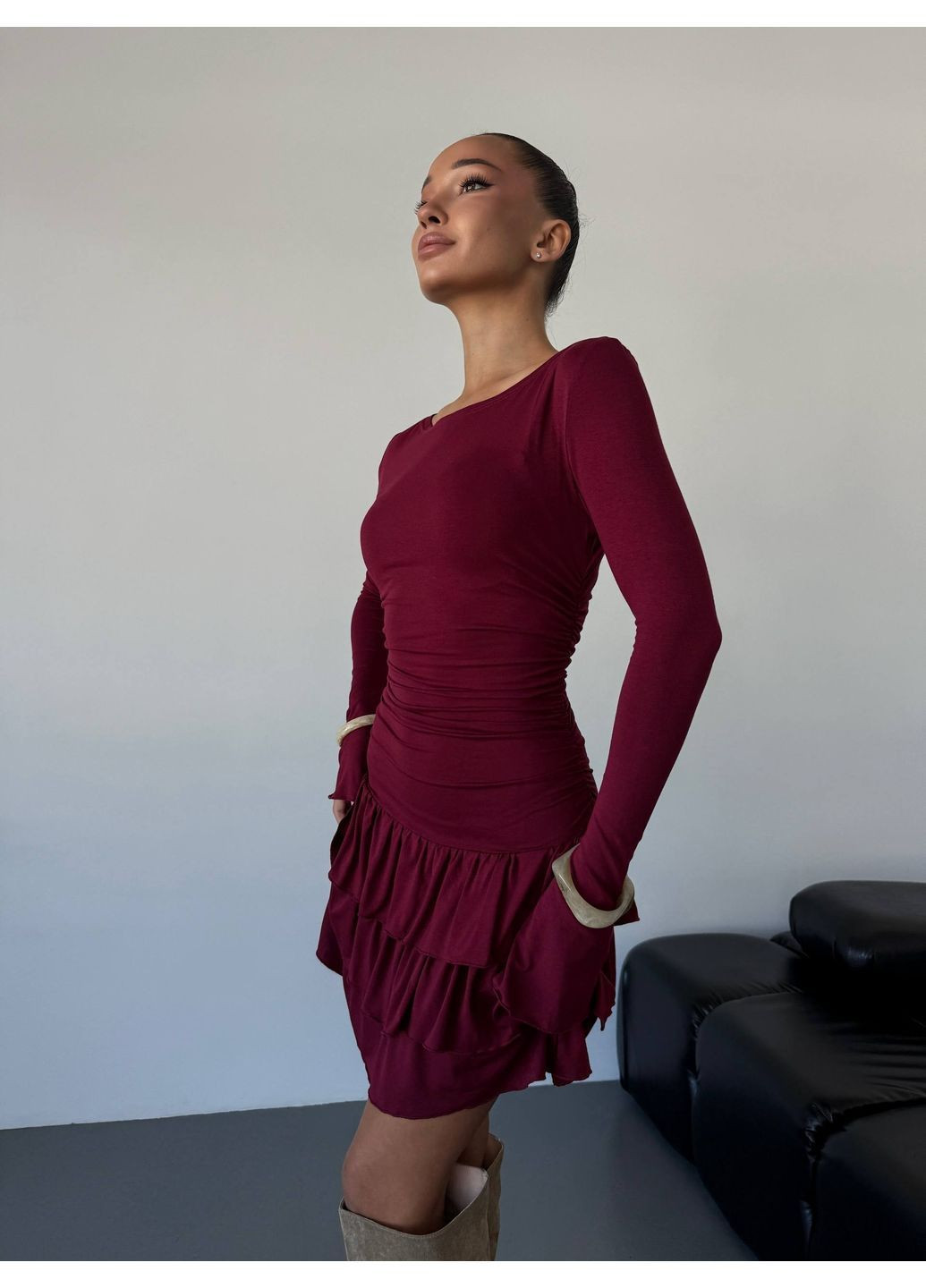 Бордовое праздничный, кэжуал женское платье мини Style Point однотонное