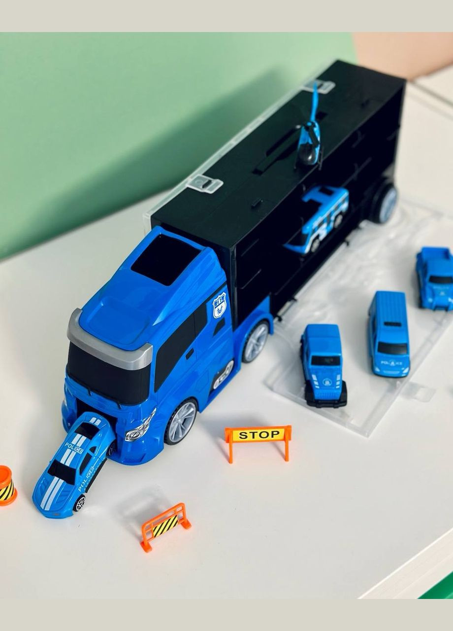 Набор машинок Трейлер с транспортом 666-08K с дорожными знаками, машинками и вертолетом Полиция Fun Game (327217791)