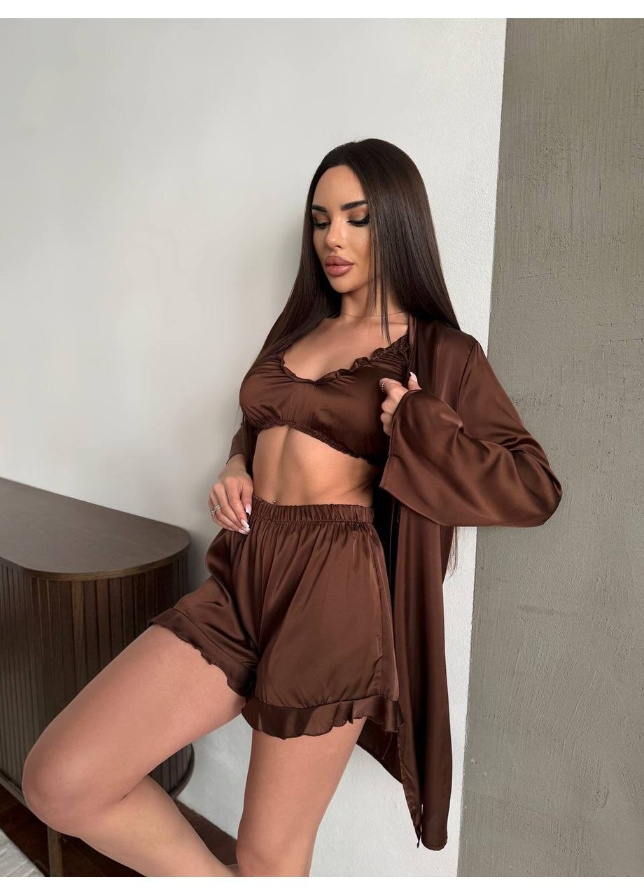 Темно-коричневая всесезон женская пижама тройка FINO Mode