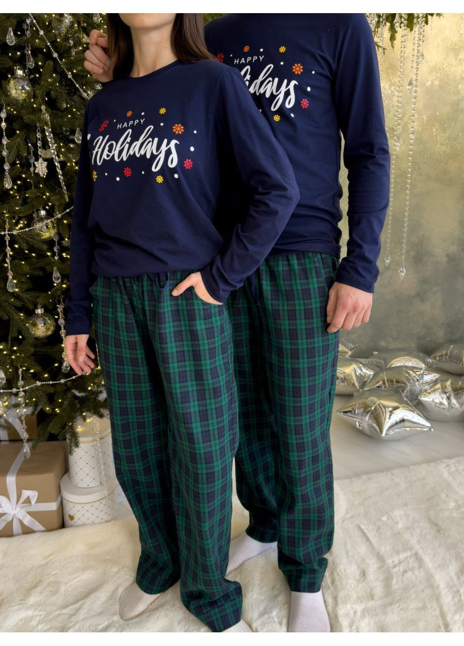 Синя зимня піжами парні чоловіча та жіноча бруклін з начісом лонгслів + брюки Cosy