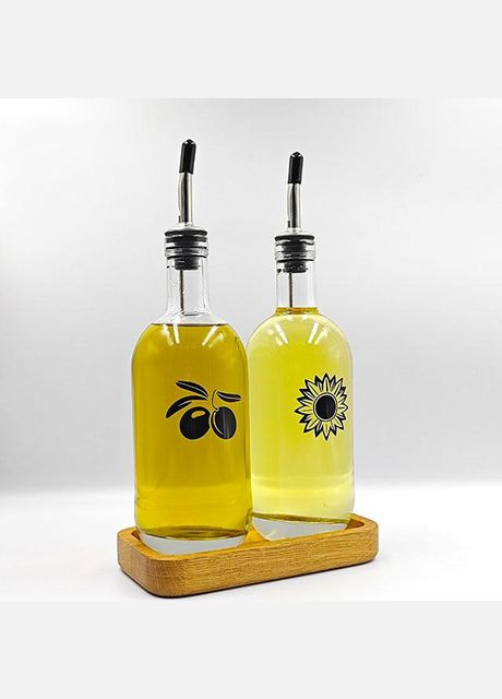 Набір пляшок для олії та оцту з дерев'яною підставкою 2 шт. 500 мл (мал.) No Brand (298794635)