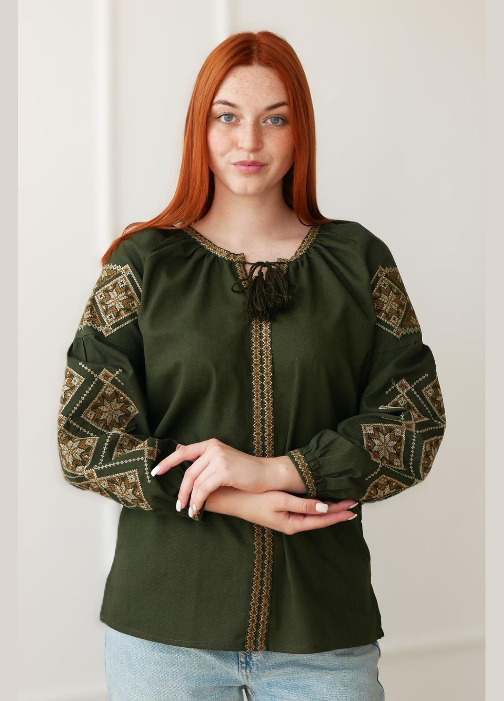 Хакі вишиванка жіноча хакі з льону лелека, роз.s(44) 4PROFI (294207508)