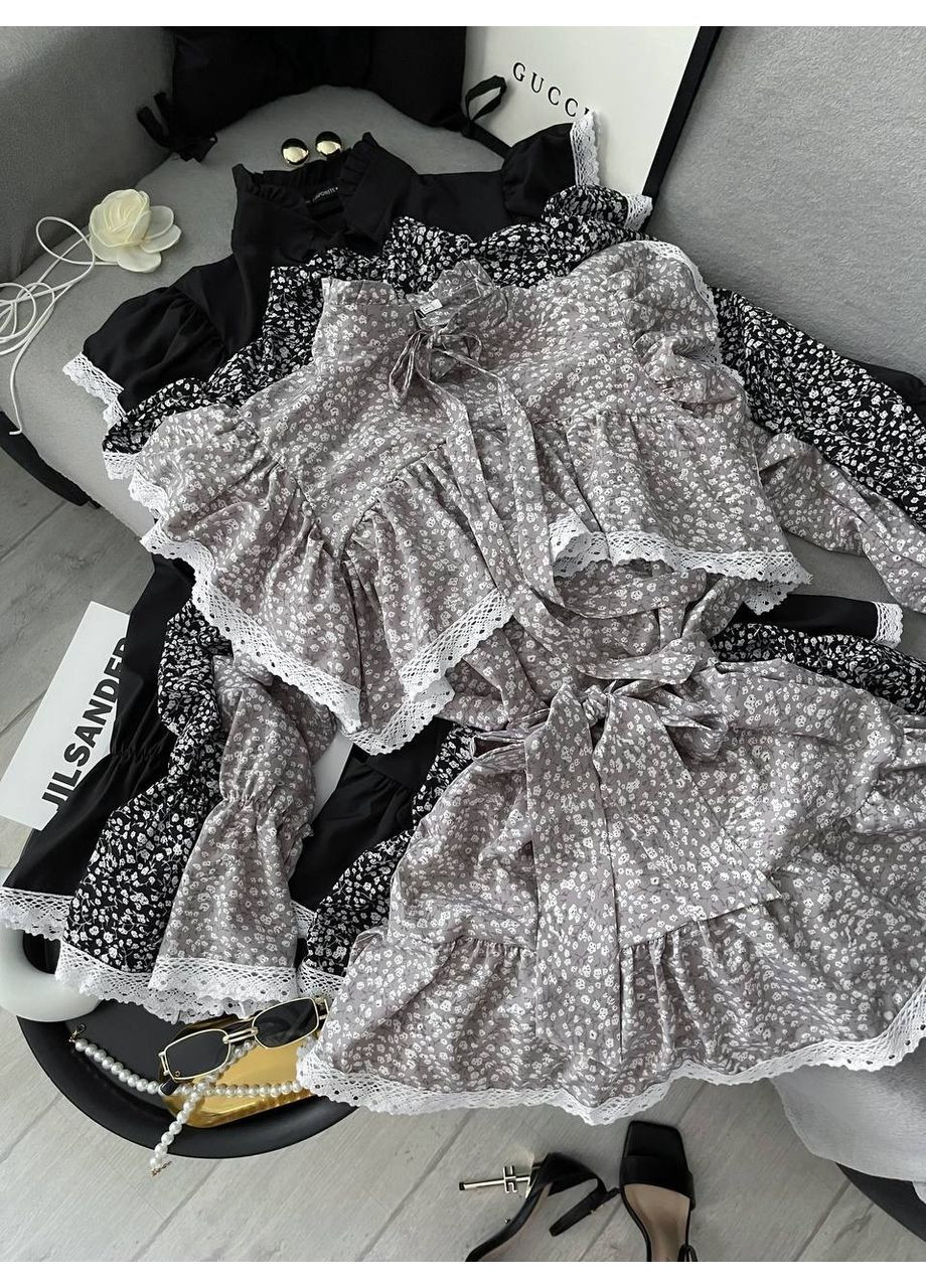 Серое платье софт с кружевом, с поясом и рукава с резиночками Україна