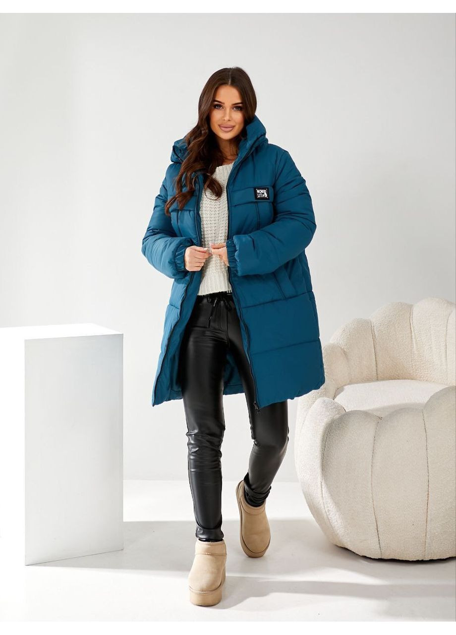 Бірюзова зимня жіноча стьобана куртка з капюшоном і утеплювачем холофайбер Україна
