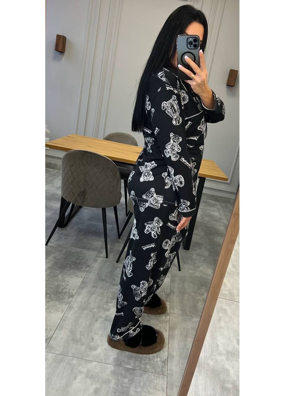 Черная всесезон женская пижама рубашка + брюки No Brand