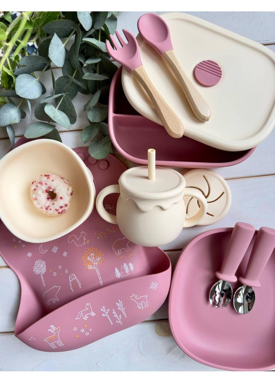 Набір посуду для малюка 0413 Дарк Пінк і крем 10 шт Посуд для малюків Дитячий посуд для першого прикорму No Brand (368999882)