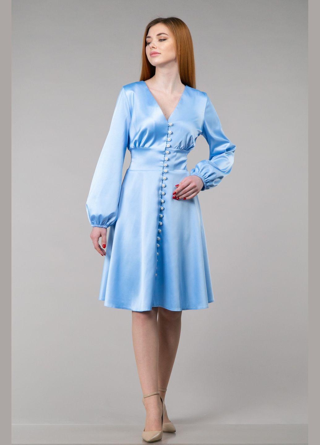 Голубое праздничный платье с пуговицами длинный рукав CHICLY однотонное