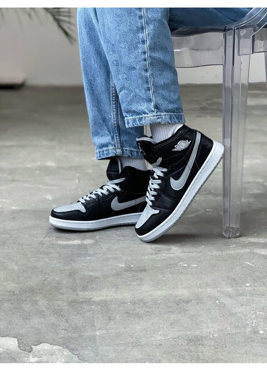 Серые зимние кроссовки мужские nike air jordan retro 1 high black grey swoosh найк аир джордан No Brand