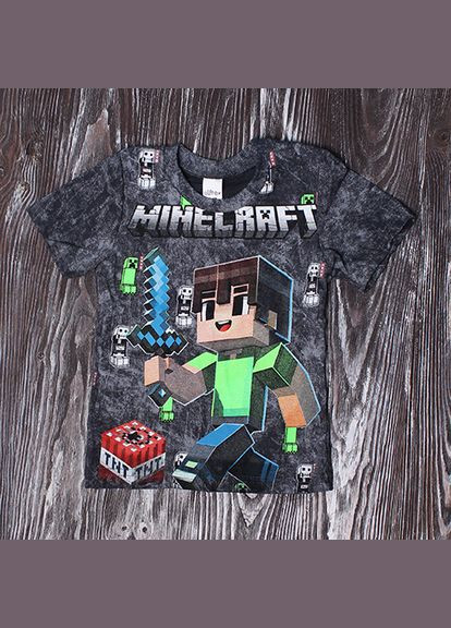 Темно-сіра демісезонна дитяча футболка з майнкрафтом — розмір 92–104 см, яскравий принт темно-сірий колір Arisha Футболка