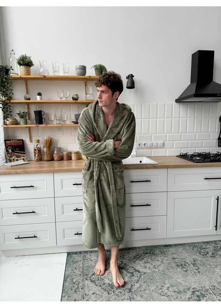 Мужской халат плюш с капюшоном, оливка - Oversize Lavender Dreams (368670433)