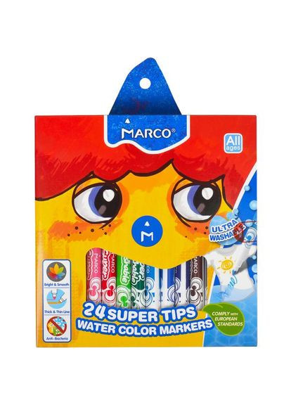 Фломастери Super Washable 24 кольори, 1630-24CB, в коробці (6951572914933) Marco (338710604)