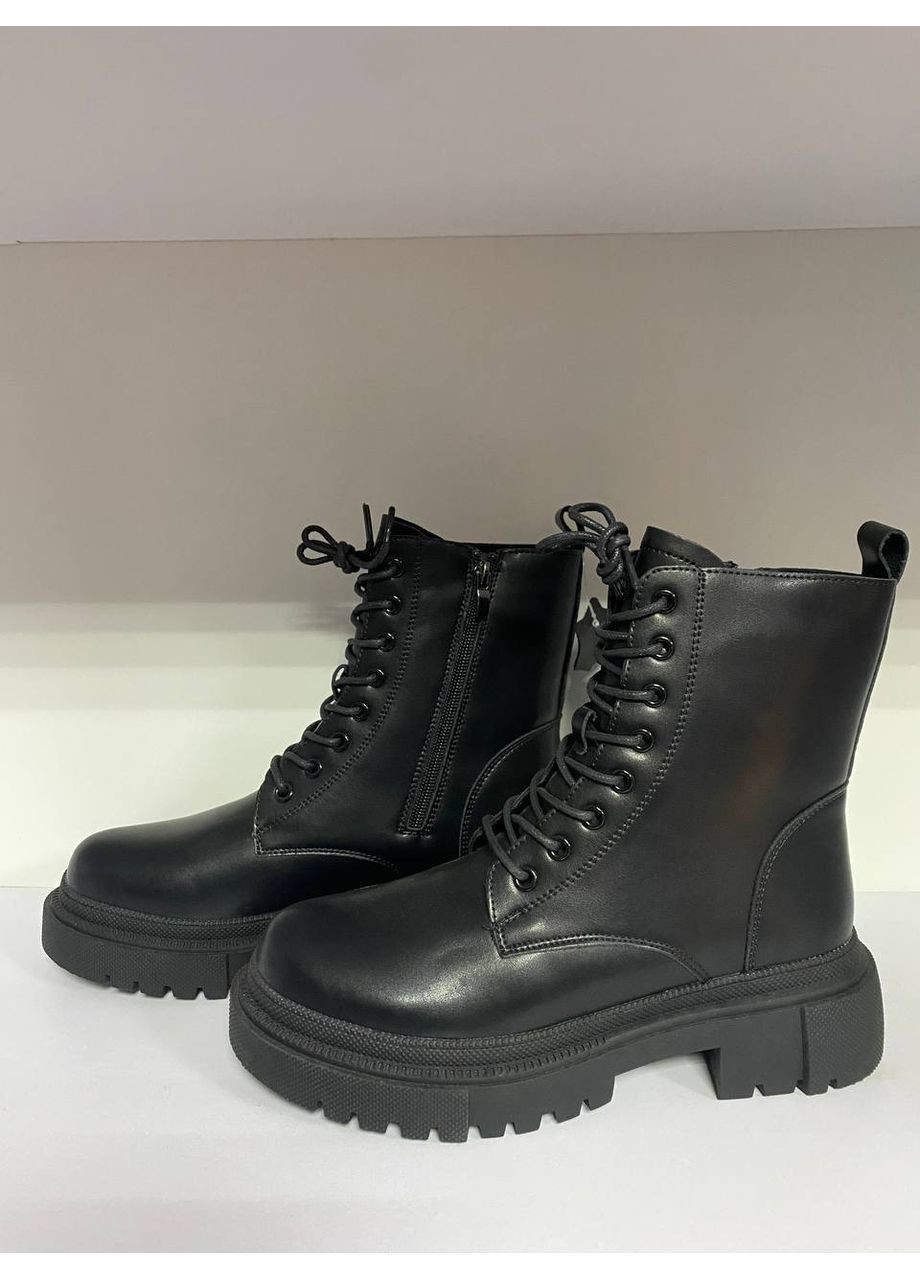 Зимние черные ботинки женские кожаные No Brand со шнуровкой
