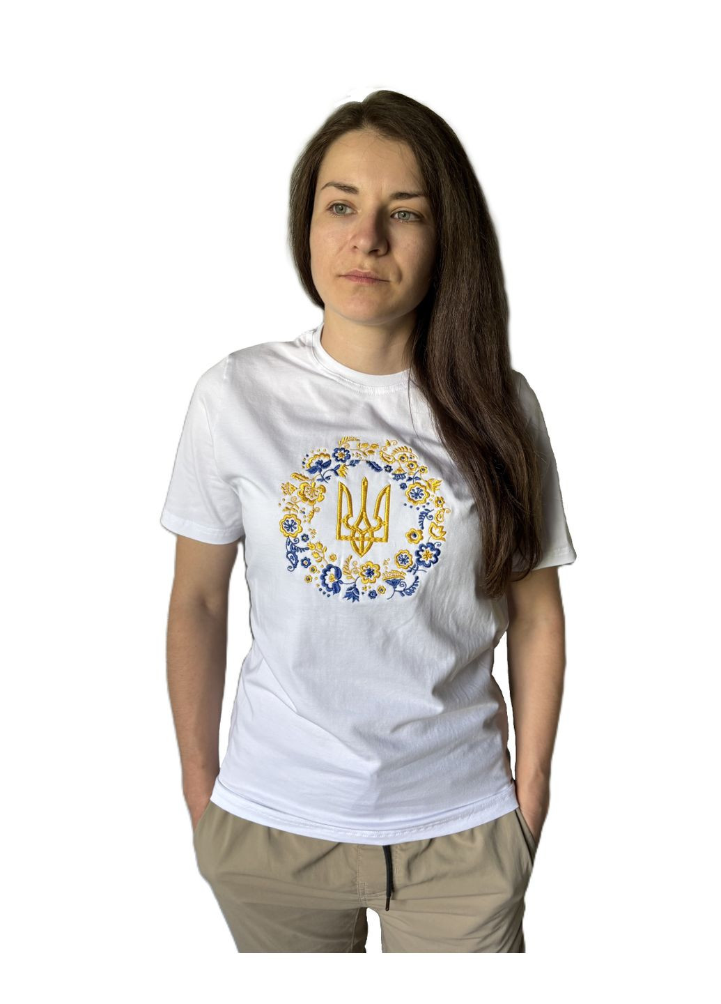 Белая женская белая вышиванка тризуб в веночке НоКо узор орнамент свободная, прямой трикотаж (339606263)