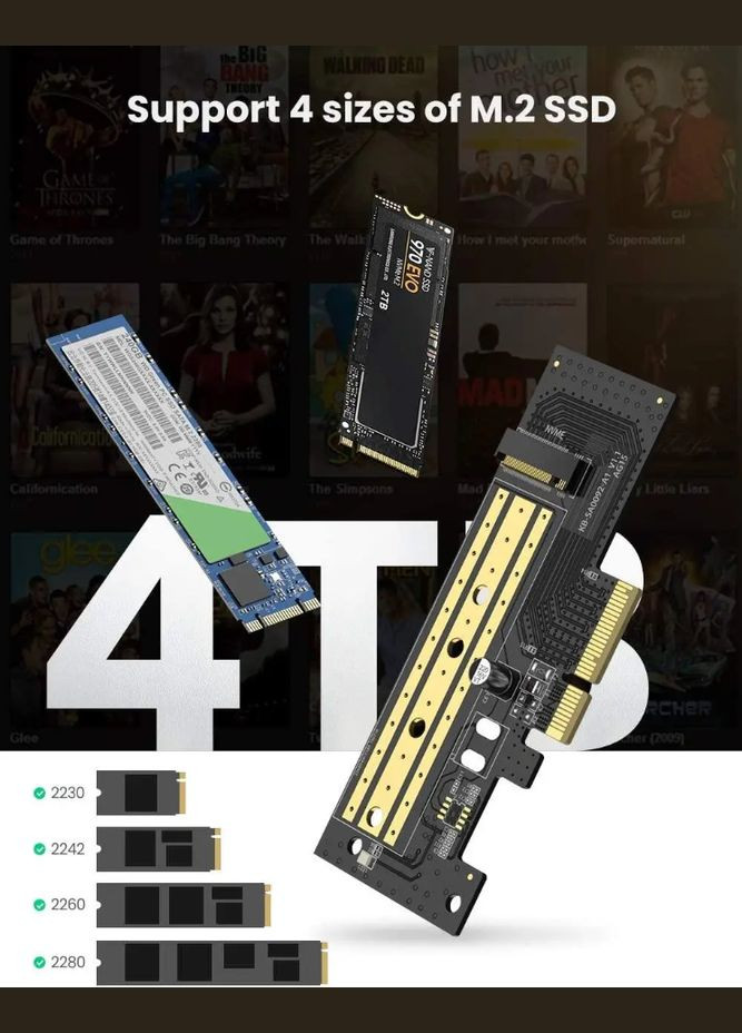 Переходник Адаптер PCI-E на SSD M.2 NVMe CM302 PCIе 3.0 для установки твердотельных накопителей (70503) Ugreen (305066349)